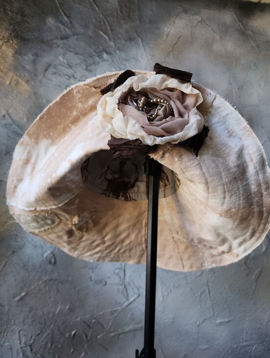 Designer Top Hat Upcycled Raw Wide-Brim Rose Pin Patched Artisan Hat main image 14